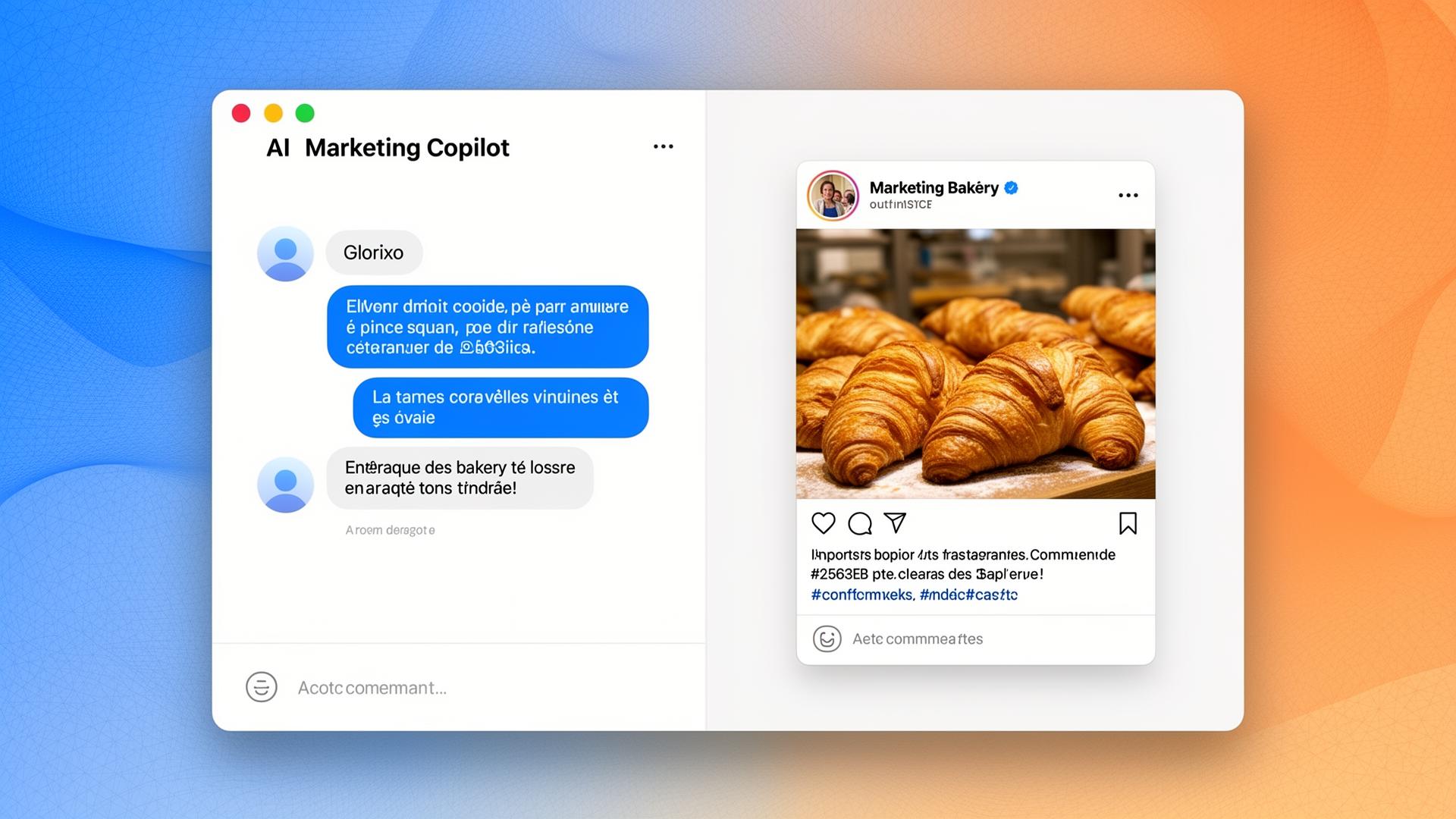 Aperçu de l'interface Glorixo : copilot IA qui rédige et publie des posts pour une boulangerie
